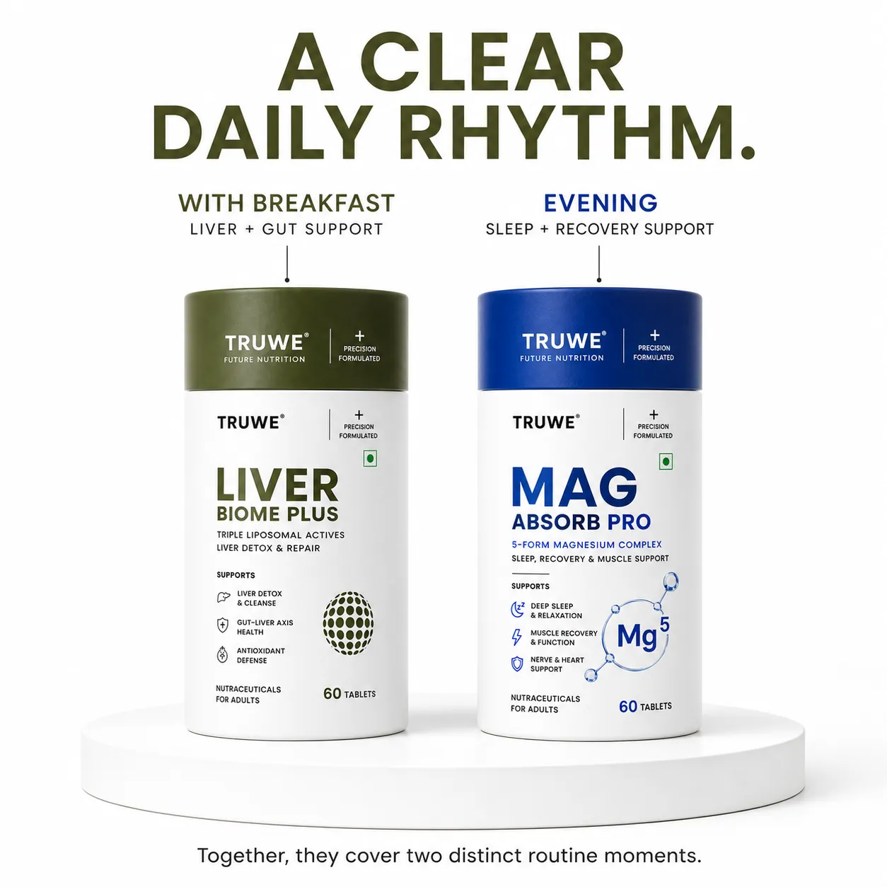 A clear daily rhythm — TruWe Liver Biome Plus with breakfast for liver and gut support, Mag Absorb Pro in the evening for sleep and recovery support