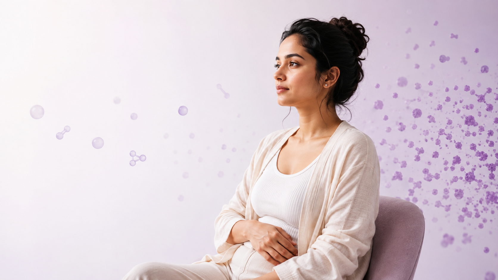 A woman sitting calmly, with soft molecular illustrations suggesting metabolic health in PCOS