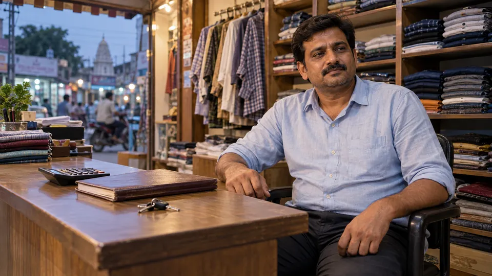 Shaam ko kapdon ki dukaan ke counter ke paas baitha dukandaar, saath mein hisaab ki diary aur chaabiyan.