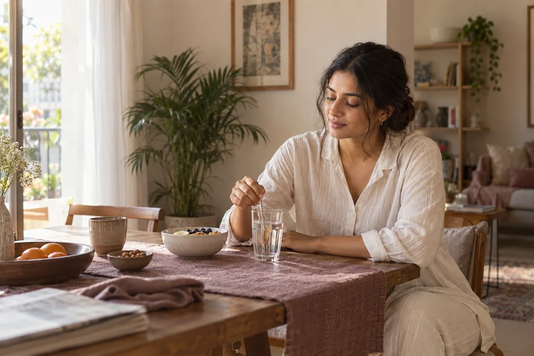 Illustrative woman preparing her daily drink at a sunlit table