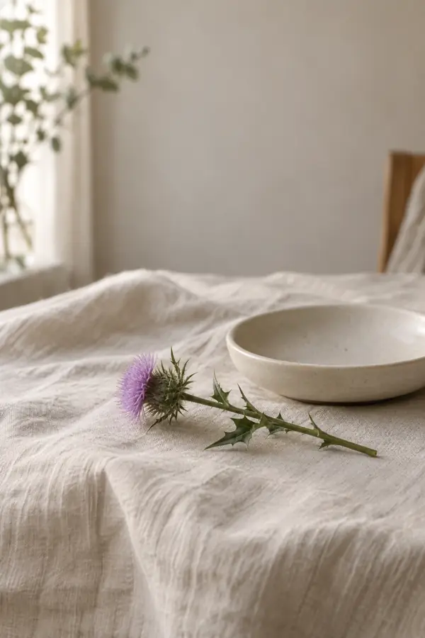 A small milk-thistle bloom resting on natural linen