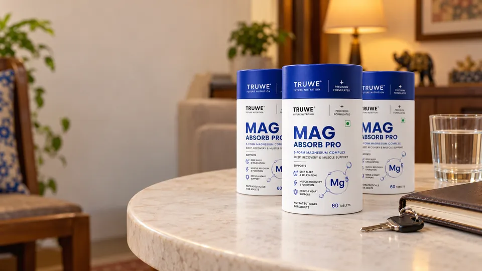 Ghar ki side table par Mag Absorb Pro ki teen bottles, paani ka glass, diary aur dukaan ki chaabiyan.