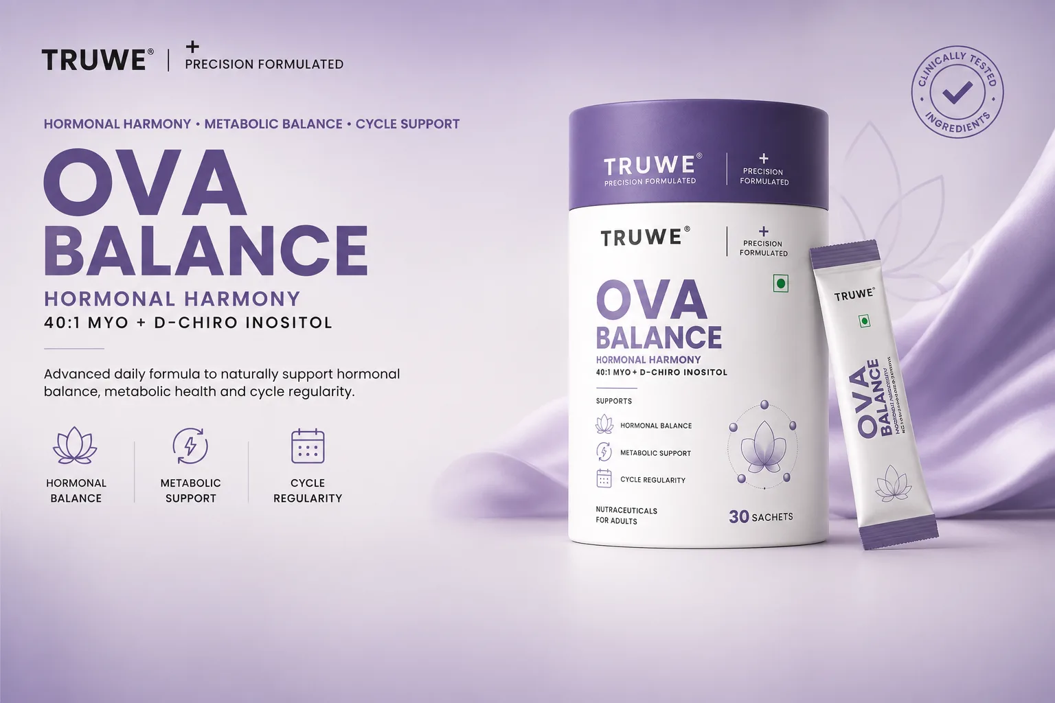 TruWe Ova Balance — hormonal harmony with 40:1 myo and d-chiro inositol for cycle regularity