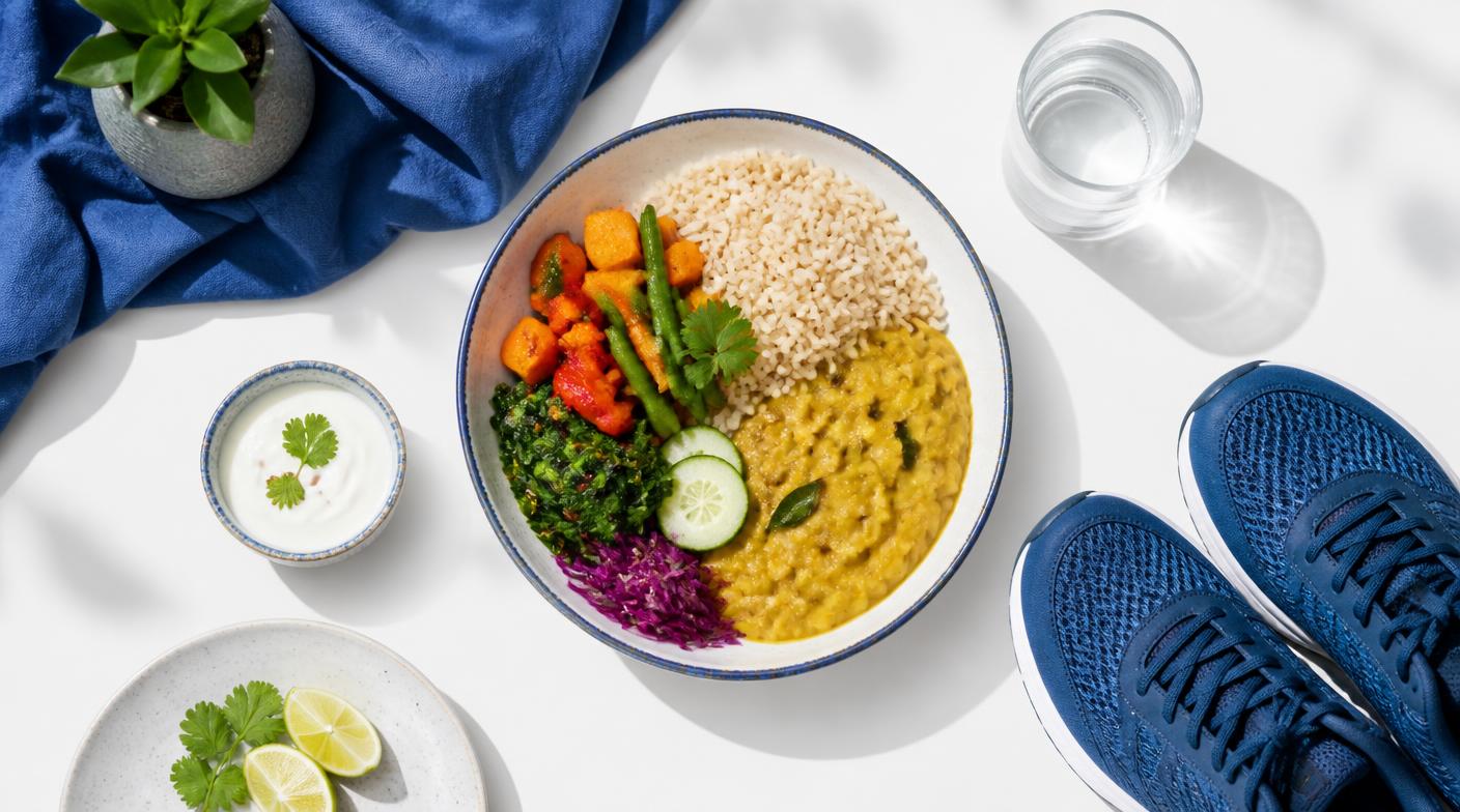 Balanced Indian meal of dal, vegetables and whole grains beside walking shoes and a glass of water