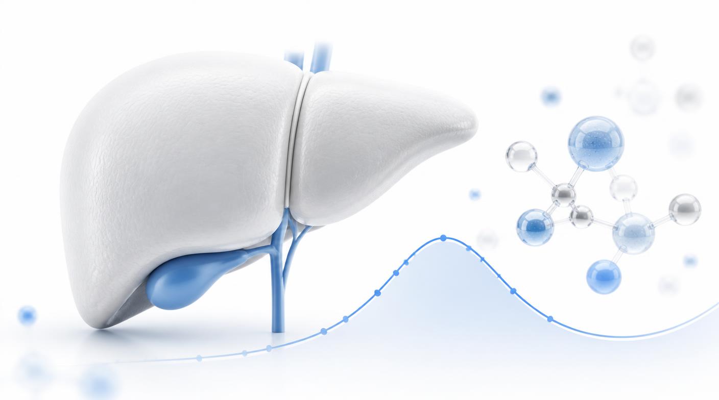 Illustration of a liver alongside glucose molecules and a blood-sugar curve