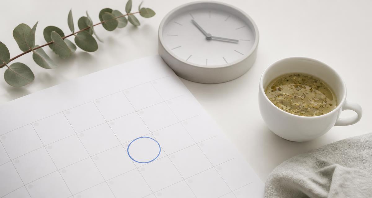 A monthly calendar with a circled date beside a clock and a cup of herbal tea