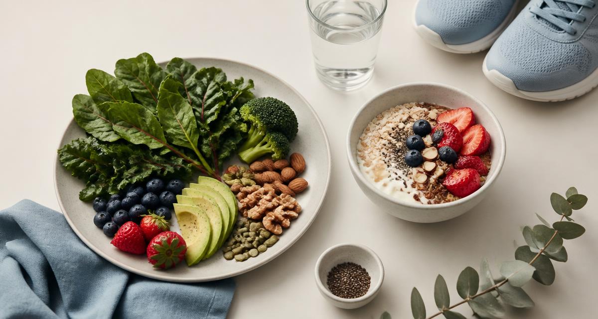 Balanced plate of leafy greens, nuts and berries with a walking shoe, representing insulin-sensitive eating and movement