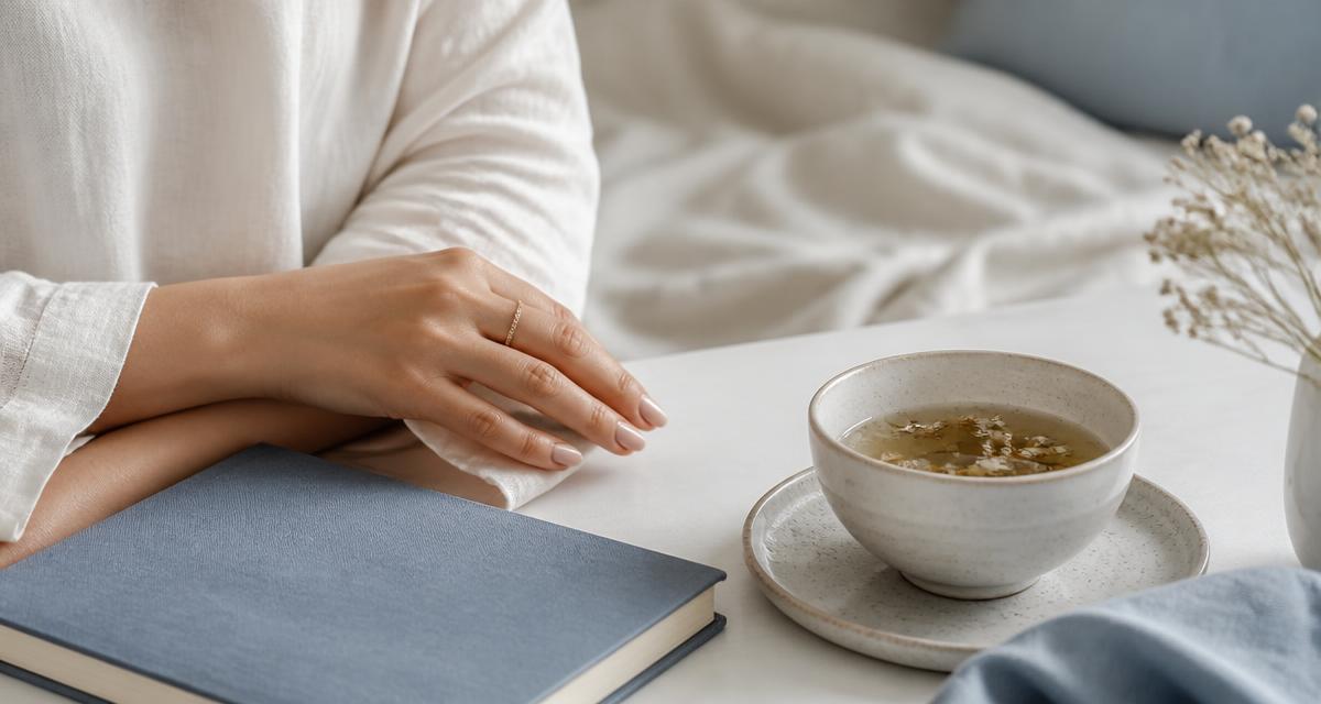 Calm morning routine with a journal and herbal tea, representing stress recovery and cycle regularity