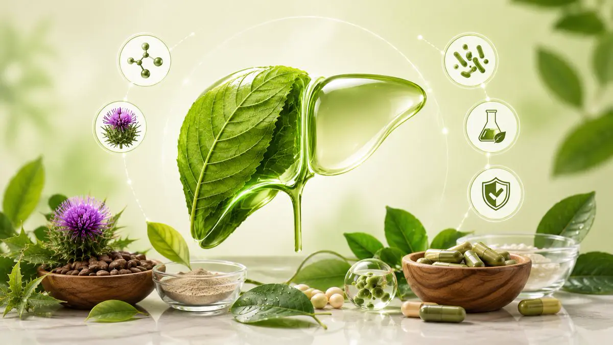 Illustration of what to look for in a liver detox supplement: NAC, liposomal silymarin and multi-strain probiotics