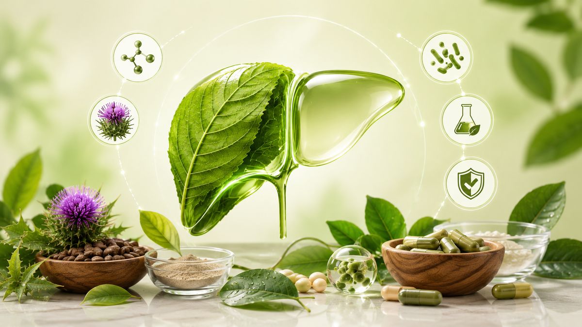 Illustration of what to look for in a liver detox supplement: NAC, liposomal silymarin and multi-strain probiotics