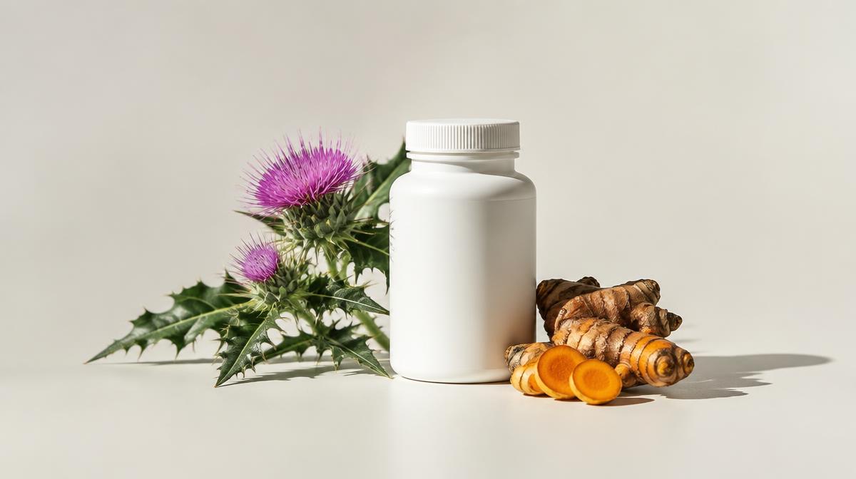 A plain supplement bottle beside milk thistle and turmeric root on a matte white surface