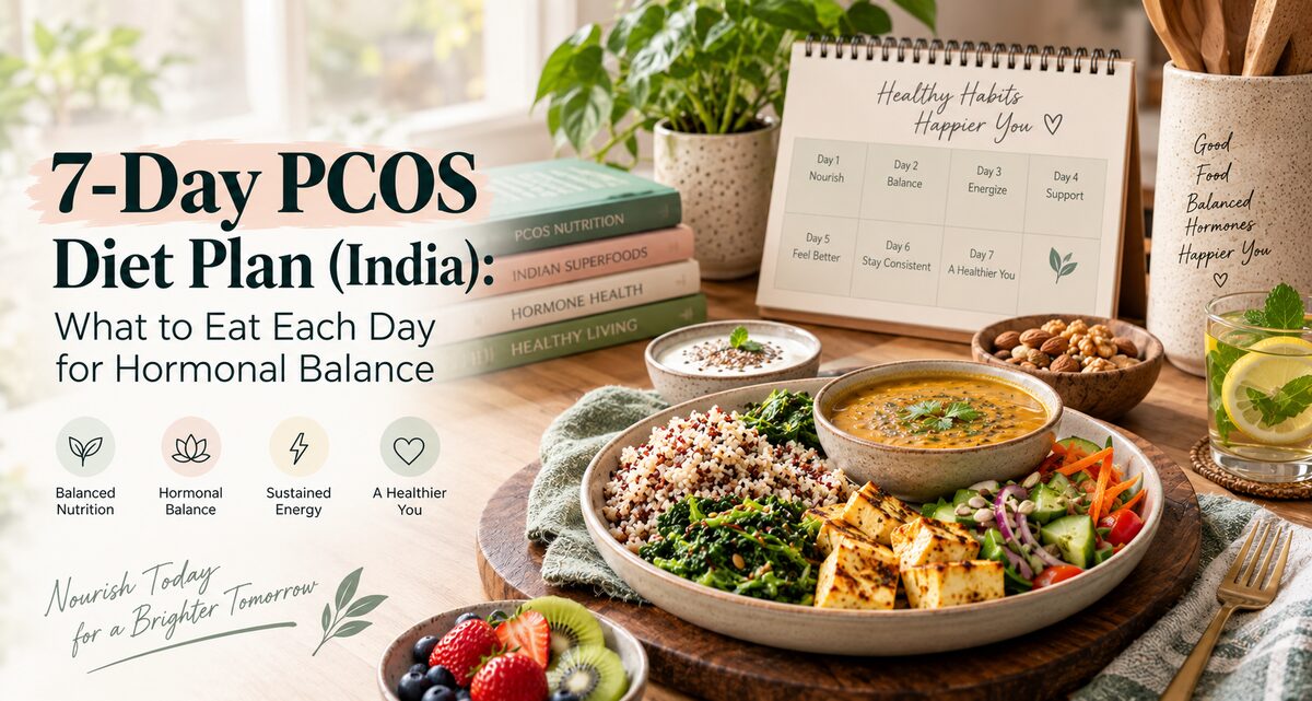 A week of Indian PCOS-friendly meals laid out on a kitchen table