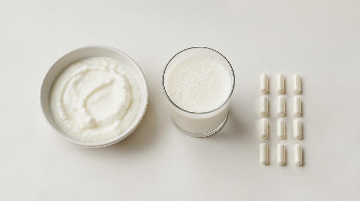 A bowl of curd, a glass of buttermilk and white capsules arranged on a matte white surface