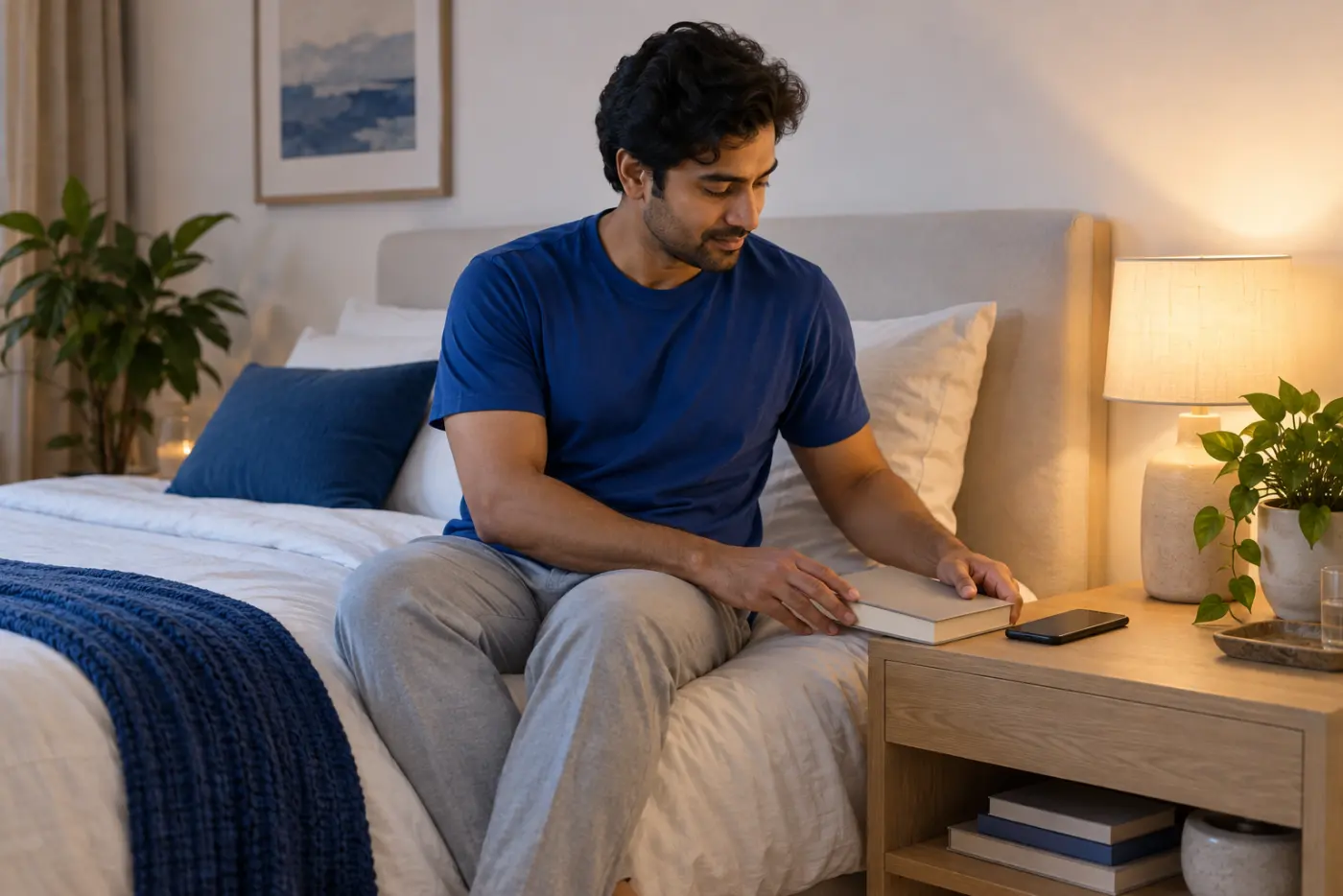 Illustrative evening scene with an adult reading in bed